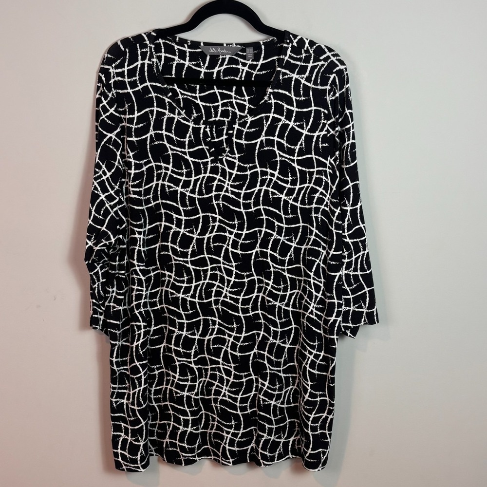 Ulla Popken Womens Black white geometric Stretch 3/4 Sleeve Tunic Top sz 20/22